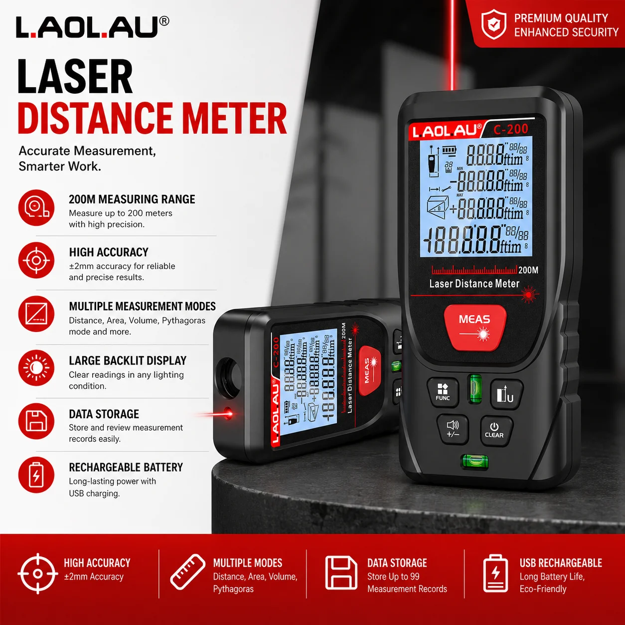 Industrial Laser Rangefinder - Télémètre laser numérique LAOLAU, 50m/100m/120m/200m faisceau